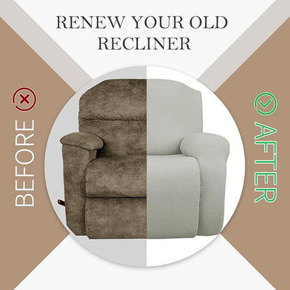 JIVINER 4-Piece Recliner Chair Covers Stretch Jacquard Covers for Recliner Chair Recliner Slipcovers for Living Room Soft Recliner Protector with Pocket (Recliner, Ivory)