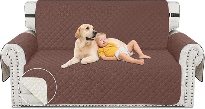 XINEAGE Loveseat Sofa Cover Waterproof Couch Covers for 2 Cushion Couch, Soft Washable Slipcover with Pockets & Non-Slip Elastic Straps, Thick Furniture Protector (Loveseat, Coffee)