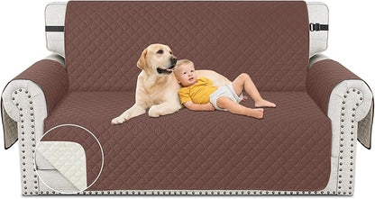 XINEAGE Loveseat Sofa Cover Waterproof Couch Covers for 2 Cushion Couch, Soft Washable Slipcover with Pockets & Non-Slip Elastic Straps, Thick Furniture Protector (Loveseat, Coffee)