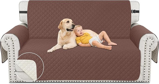 XINEAGE Loveseat Sofa Cover Waterproof Couch Covers for 2 Cushion Couch, Soft Washable Slipcover with Pockets & Non-Slip Elastic Straps, Thick Furniture Protector (Loveseat, Coffee)