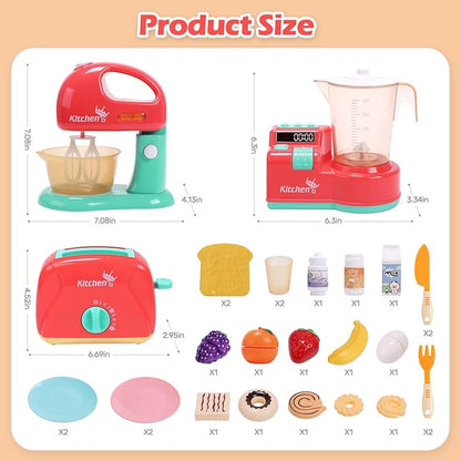 CUTE STONE Toy Kitchen Appliances Playset, Kids Kitchen Toy Mixer and Blender with Sound & Lights, Play Toaster, Cutting Play Food, Toddler Play Kitchen Accessories Set for Boys Girls