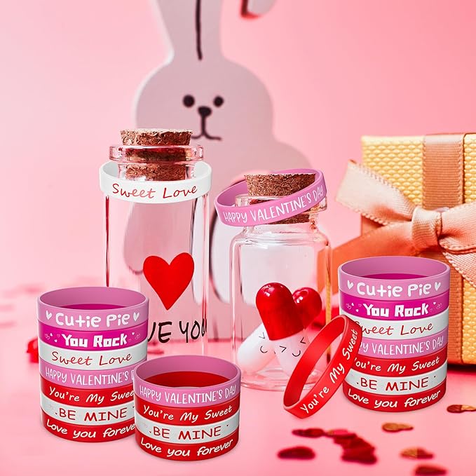 Morcheiong 70 Pcs Valentine's Day Silicone Bracelets Pink Red Party Favors Classic Rubber Wristbands for Kids Adults Valentine's Day Party Decorations