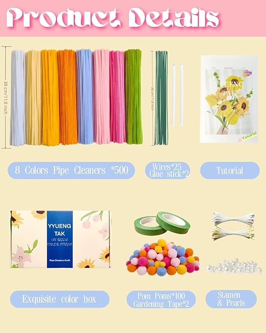 500 Pcs Dopamine Colors Pipe Cleaners Flower kit,Chenille Stems for DIY Art Projects Creative Gift,Pipe Cleaners Craft with tutoria,Pearls,Pompoms,Green Floral Wires,Gardening Tape,Stamen