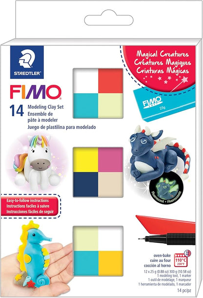 STAEDTLER FIMO Soft Polymer Clay Set: Magical Creatures, 12 Half Blocks, Sculpting Tool and Marker - Oven Bake Modeling Clay, Non-Toxic, Arts and Crafts for Beginners