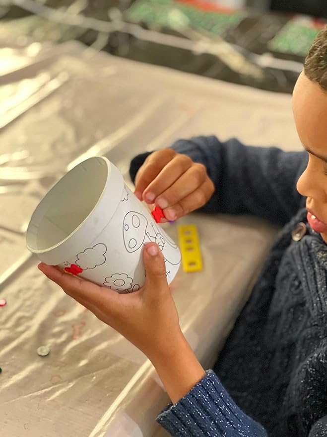 Deluxe Classroom Bulk 12 Pack of Decorate Your Own DIY Cardstock Craft Flower Pots with Hundreds of Foam Flowers and Bugs, and Acrylic Gems and Jewels