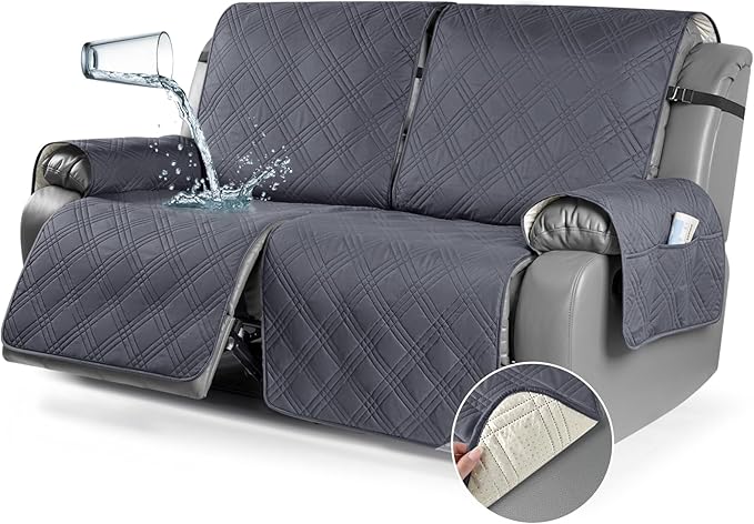 TAOCOCO 100% Waterproof Oversized Loveseat Recliner Cover, Non Slip Split Recliner Couch Covers for 2 Cushion Couch with Elastic Straps for Pets Kids(Oversized 2 Seater, Dark Grey)