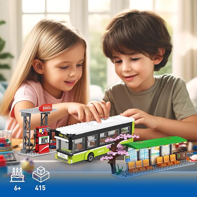 City Bus Station Building Toy Set,Includes a Bus, 6 Minifigures and a Gas Station, Bus Toy for Kids Ages 6+ Years Old,Great Gift Idea for Boys and Girls,Compatible with City Sets(415 Pcs)