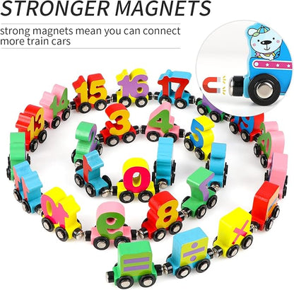 Wondertoys 27 PCS Wooden Train Set Toy Wooden Magnetic Number Train Set Includes 1 Engine Cars for Toddlers Boys and Girls, Compatible with Major Brands Train Set Tracks