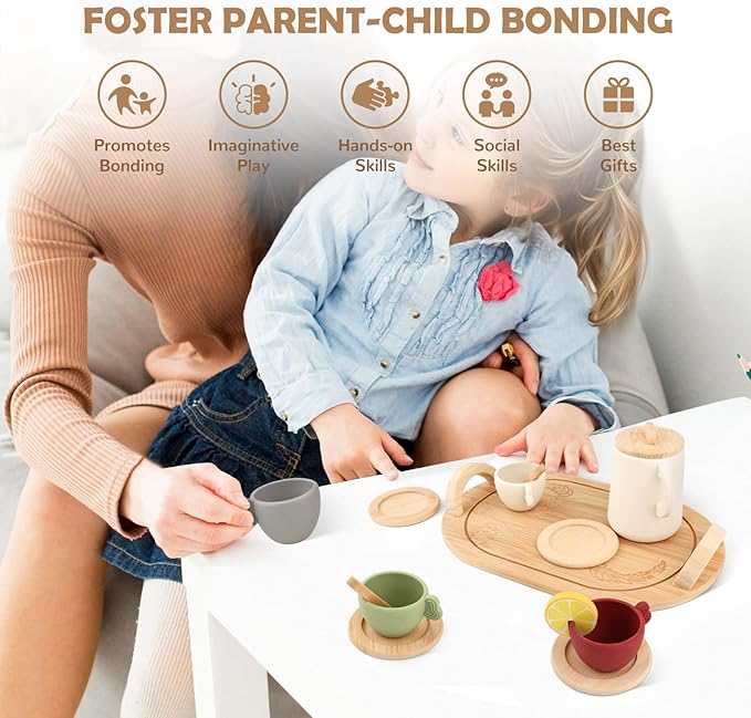 Silicone Tea Set Kids, Toddler Tea Sets for Little Girls 3-5, Pretend Party Play Toys Kitchen Accessories for Boys with Soft Teapot Cups Wooden Saucers