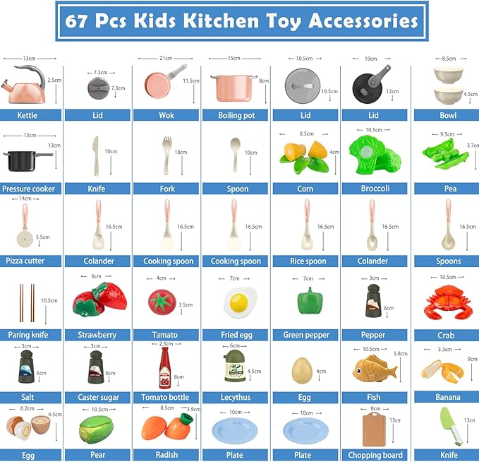 Bruvoalon 67Pcs Kids Play Kitchen Toys Set, Toddlers Pretend Cooking Playset Acccessories with Pots Pans, Utensils Cookware, Foods, Canned Veges, Learning Gift for Kids Girls Boys (Pink)