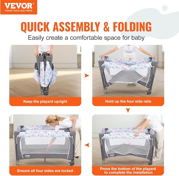 VEVOR Baby Bassinet, Pack and Play Bassinet Fold Portable Baby Bedside Sleeper Crib with Changing Table, Baby Playards Bed with Mosquito Net(Two Wheels)…