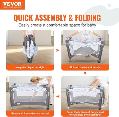 VEVOR Baby Bassinet, Pack and Play Bassinet Fold Portable Baby Bedside Sleeper Crib with Changing Table, Baby Playards Bed with Mosquito Net(Two Wheels)…