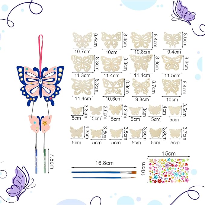 Fennoral 12 Pack Butterfly Wind Chime Kits for Kids Make Your Own Hollowed Out Butterfly Wind Chime DIY to Paint Butterfly Wooden Arts and Crafts for Kids Spring Summer Art Activity Birthday Party