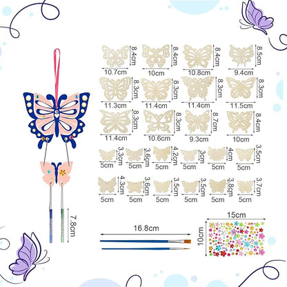 Fennoral 12 Pack Butterfly Wind Chime Kits for Kids Make Your Own Hollowed Out Butterfly Wind Chime DIY to Paint Butterfly Wooden Arts and Crafts for Kids Spring Summer Art Activity Birthday Party