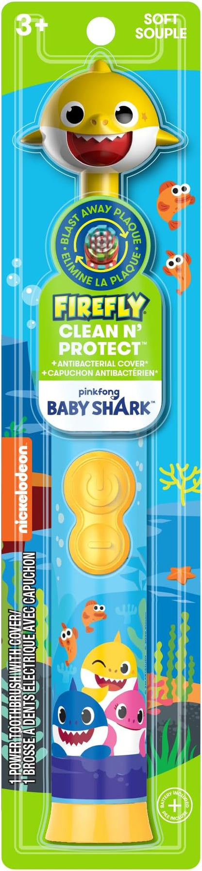 Firefly Clean N' Protect, Baby Shark Toothbrush with 3D Character Cover, Soft Bristles, Anti-Slip Grip Handle, Battery Included, Ages 3+, 1 Count