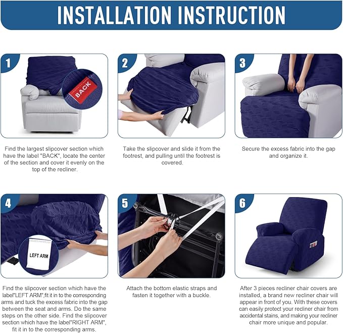 TAOCOCO Oversized Recliner Cover Stretch Recliner Chair Covers, Jacquard Reclining Chair Cover, Furniture Protector Sofa Slipcovers Couch Covers with Elastic Bottom for Kids, Pets (Dark Blue)