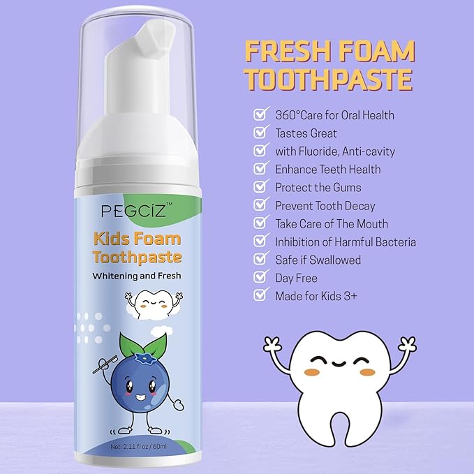 Kids Foam Toothpaste 2 Pack, Foam Toothpaste Kids with Low Fluoride, Toddler Toothpaste for U Shaped Toothbrush Electric Toothbrush, Foam Toothpaste for Children Kids Ages 3 Plus(Watermelon+Blueberry)