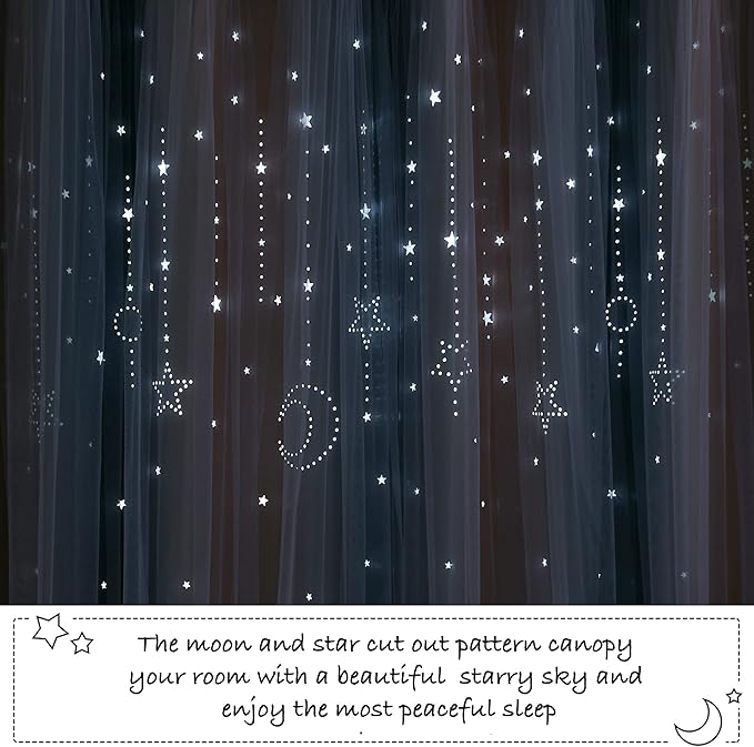 NICETOWN Blackout Moon Stars Kids Curtains for Girls Bedroom Aesthetic Decor Colorful Cute Double Layer Stripe Rainbow Window Wall Home Decoration Curtain, 2 Panels, W52 x L84 Inches, Pink & Grey