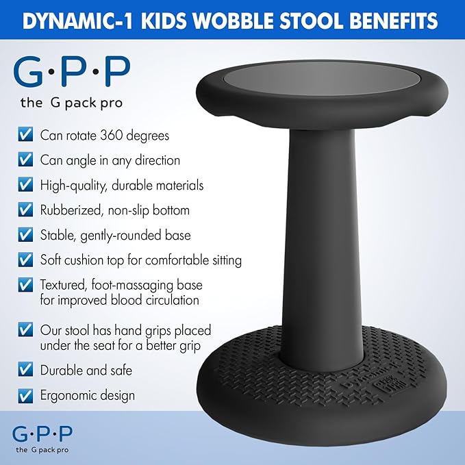 Gpack-pro Kids Wobble Stool – Improves Focus Attention – Non-Slip Base - Wiggle Chair Active Flexible Seating for Preschool Kindergarten Elementary School 17.7-Inch High (Black)
