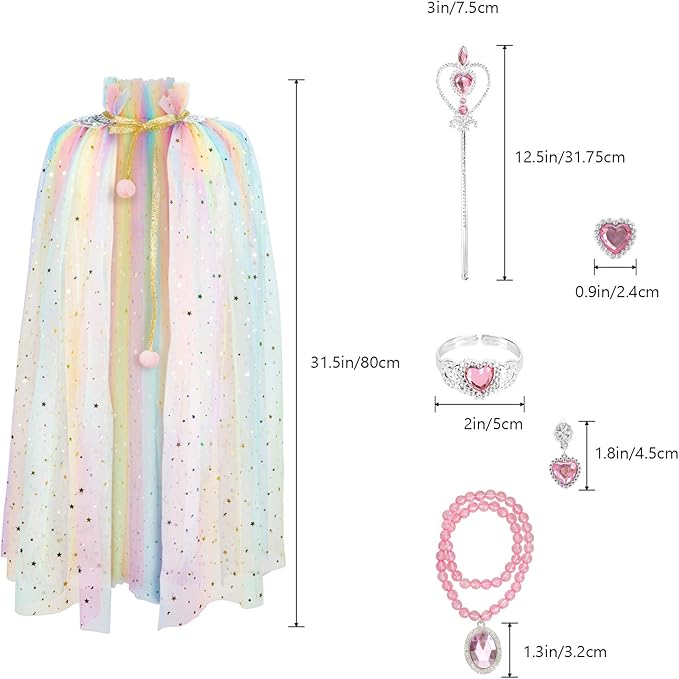 Fedio Princess Cape Set 7 Pieces Girls Princess Cloak with Tiara Crown, Wand for Little Girls Dress up (Rainbow)
