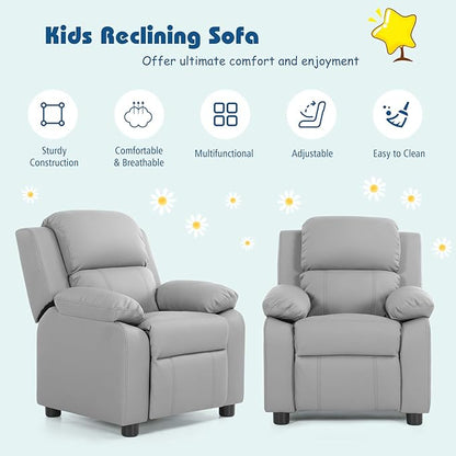 Kids Recliner, Leather Lounge Chair w/Footrest, Armrest, Headrest & Lumbar Support, Ergonomic Toddler Sofa Armchair for Boys Girls (Gray)