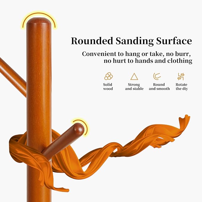 Wood Coat Rack Freestanding, Coat Stand with 8 Hooks, Kids Coat Tree with 3 height options and Sturdy Base, Rustic Coat Rack Small Hall Tree Brown YD-1008
