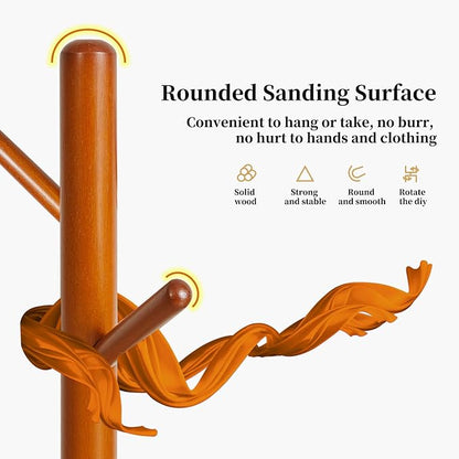 Wood Coat Rack Freestanding, Coat Stand with 8 Hooks, Kids Coat Tree with 3 height options and Sturdy Base, Rustic Coat Rack Small Hall Tree Brown YD-1008