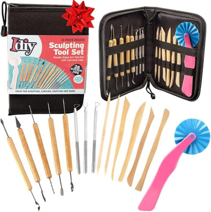 Pottery Tool Starter Kit- 15-Piece 26-Tool Beginner's Clay Ceramics Modeling Carving Sculpting Set- Arts & Crafts School Project, w Carrying Case, Birthday Gift for Kids, Gift Set for Artists