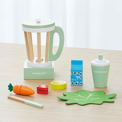 Teamson Kids Play Kitchen Accessories Little Chef 13 Piece Wooden Smoothie Blender Set with Cutting Fruit, Ingredients and to-Go Cup with Straw