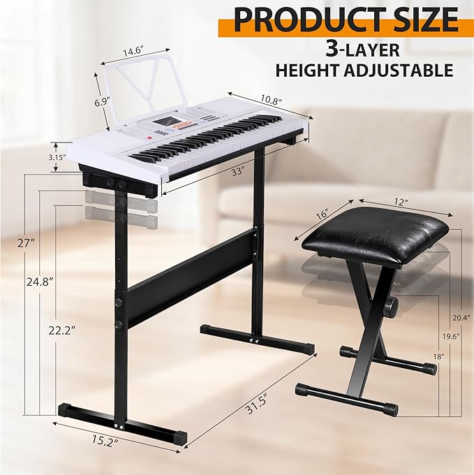 Smartxchoices 61-Key Electronic Keyboard Piano Stand Portable LED Display Keyboard Kit with Adjustable Stand, Adjustable Stool, Headphones, Microphone & Music Rest, White