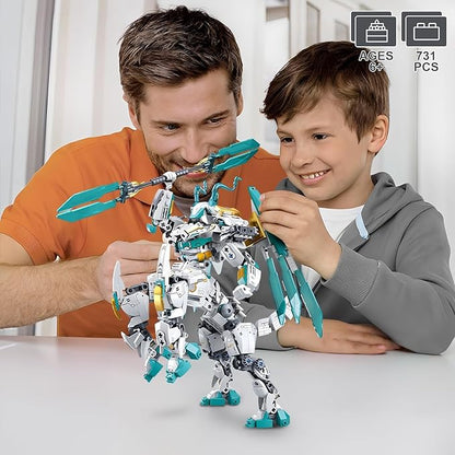 Dragon Transforming Mech Building Blocks Set, 2 in 1 Warrior City Action Robot Model Building Kit, 731 PCS Cool Rider Mech Toys Gift for Adults and Kids Boys 8 10 12+