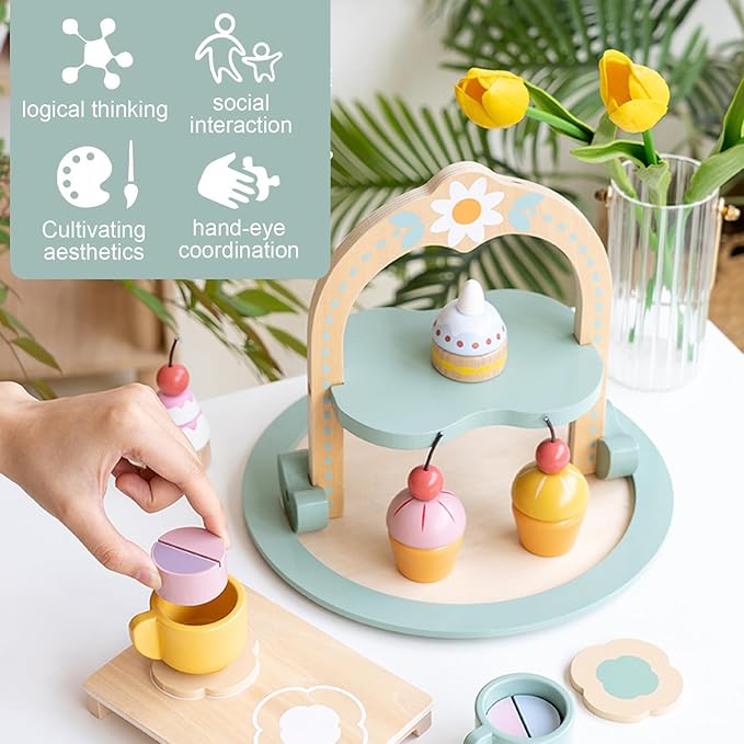 Garden Series Cake Toy Tea Party Set Desserts Food Toy with Cupcake Stand, Kids Pretend Play Kitchen Accessories, Wooden Play Food Set Toy Baking Gift for 3 4 5 Years Old Girls Boys