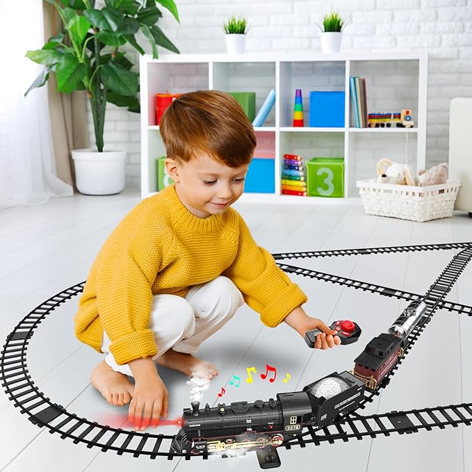 Hot Bee Train Set for Boys, Alloy Remote Control Train Toys with Steam Locomotive Cargo Cars Tracks, Trains with Realistic Smoke Sound Lights,Christmas Train Toys Gifts for 3 4 5 6 7 8+ Years Old Kids