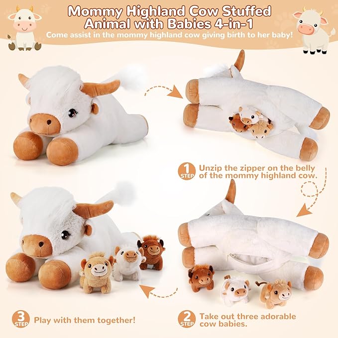 4 Pieces Highland Cow Stuffed Animals - 1 Mommy Stuffed Highland Cow with 3 Babies - White Cow Gifts for Girls Age 3-8, Cows Plush Toys for Christmas, Valentine's, Birthday Gifts (White)
