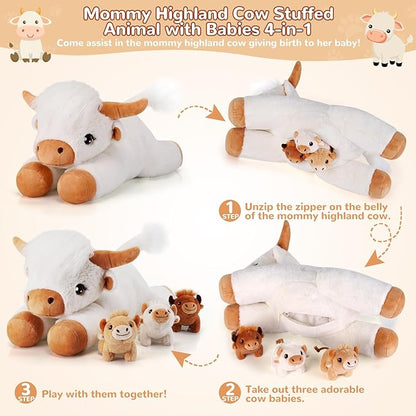 4 Pieces Highland Cow Stuffed Animals - 1 Mommy Stuffed Highland Cow with 3 Babies - White Cow Gifts for Girls Age 3-8, Cows Plush Toys for Christmas, Valentine's, Birthday Gifts (White)