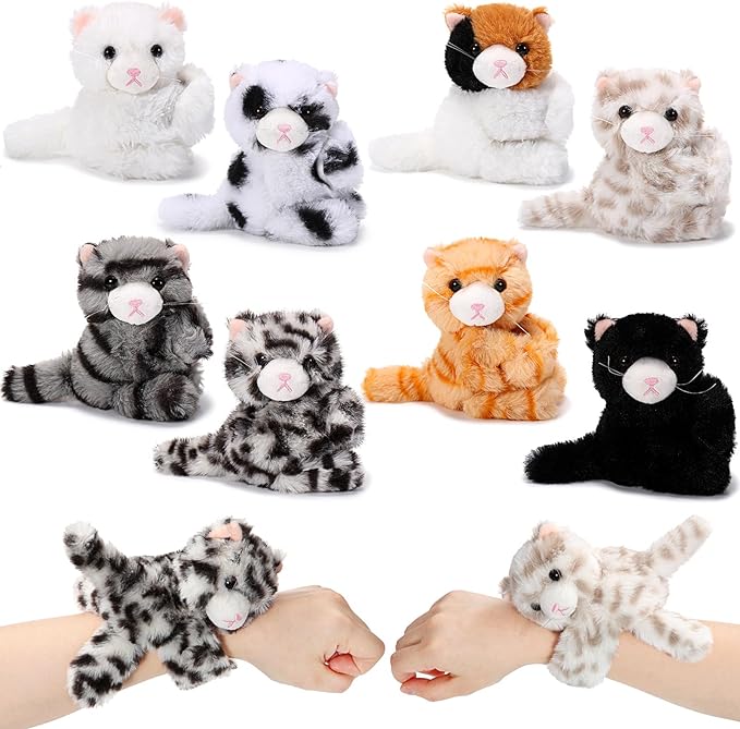 Liliful 8 Pack Kids Valentine's Day Gifts Stuffed Animal Cat Slap Bracelets, Valentines 8 Inch Plush Wrist Cute Snap Bracelets Birthday for Boys Girls Child Bulk Items Party Favors(Kittens)