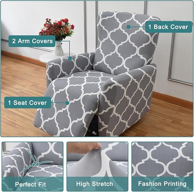 NILUOH Stretch Recliner Cover 4 Pieces Electric Power Lift Recliner Chair Cover Reclining Couch Cover Anti-Slip Fitted Furniture Protector with Side Pocket