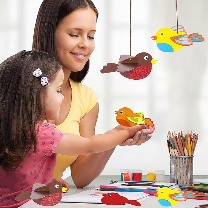 RONIAVL 16pcs 3D Bird Wind Chime Craft Kit for Kids with Paint Make Your Own Bird Wooden Crafts Summer Craft for Kids for Birthday Party Favors Outdoor Garden Patio DIY Arts and Crafts
