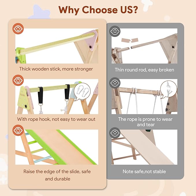 7 in 1 Indoor Jungle Gym for Kids, Foldable Toddler Indoor Playground with Slide, Beechwood & Baby Swing, Climbing Wall & Ladder, Wooden Climbing Toys Playset Gifts for Kids (Multicolor)