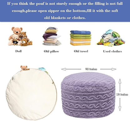 Pouf Ottoman Stuffed 20x20x12 Inches Floor Pouf Plush Fiber Ottoman Foot Rest Under Desk Foot Stool for Living Room Bedroom (Purple Pouf with Filler)