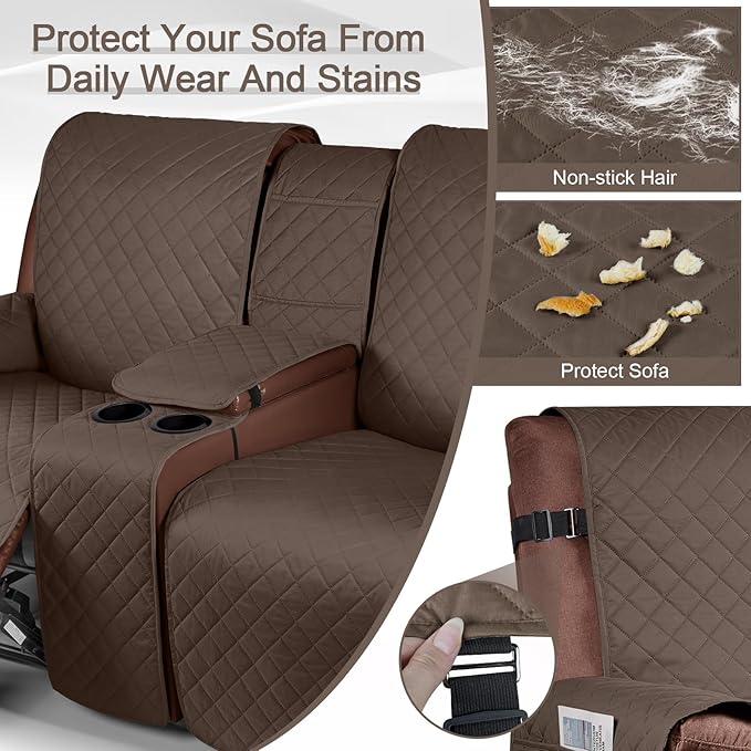 KinCam100% Waterproof Recliner Sofa Cover with Console, Non-Slip Recliner Couch Covers for 3 Seat, Reclining Sofa Cover Furniture Protector with Elastic Straps for Kids, Pets, Brown
