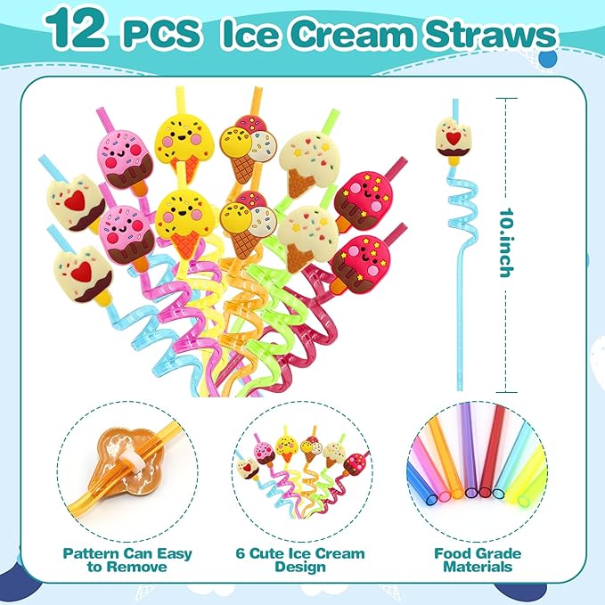 110 PCS Ice Cream Party Favors Set - Fun and Colorful Party Supplies for Kids, Includes Drinking Straws, Wristbands, Macaron Bubble Wands, Stamps, Keychains, and Stickers