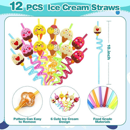 110 PCS Ice Cream Party Favors Set - Fun and Colorful Party Supplies for Kids, Includes Drinking Straws, Wristbands, Macaron Bubble Wands, Stamps, Keychains, and Stickers