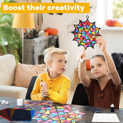 32Pcs Halloween Suncatcher Kit Halloween Window Art DIY Suncatcher Crafts for Kids Spider Web Sun Catcher Craft Stained Glass Effect Tissue Paper Halloween Party Favors Kids Classroom Decor