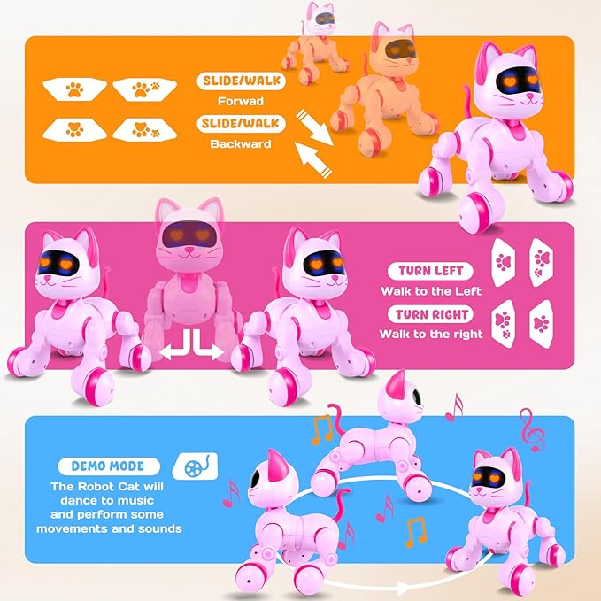 Robot Cat Interactive Toys for Girls: Remote Control Electronic Pink Kitty Pet for Kids Age 3-5 4-6 Gifts for 3 4 5 6 7 8 Year Old Girls RC Toys with Touch Sensing Gestures Birthday Gift Ideas