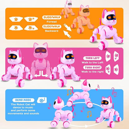Robot Cat Interactive Toys for Girls: Remote Control Electronic Pink Kitty Pet for Kids Age 3-5 4-6 Gifts for 3 4 5 6 7 8 Year Old Girls RC Toys with Touch Sensing Gestures Birthday Gift Ideas
