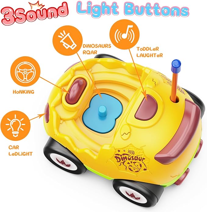 2 Pack Dinosaur Remote Control Cars for Toddlers 2 3 4 5 Years Old - Easter Birthday Gift Ideas for Boys Ages 2-5, Kids Dino Toys RC Vehicle with Lights and Music for Family Fun(Yellow Green)
