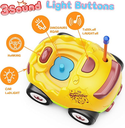 2 Pack Dinosaur Remote Control Cars for Toddlers 2 3 4 5 Years Old - Easter Birthday Gift Ideas for Boys Ages 2-5, Kids Dino Toys RC Vehicle with Lights and Music for Family Fun(Yellow Green)