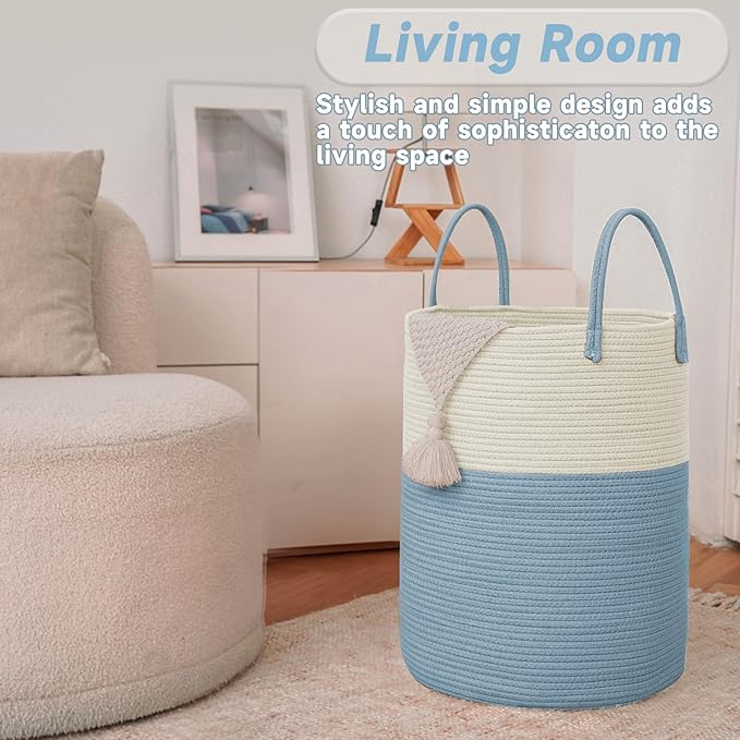 JMvicyroam Large Woven Laundry Basket Hamper,60L Cotton Rope Storage Bin for Blankets,Toys and Clothes,Decorative Tall Nursery Hamper for Living Room,Baby Nursery,Bathroom and Bedroom,White and Blue