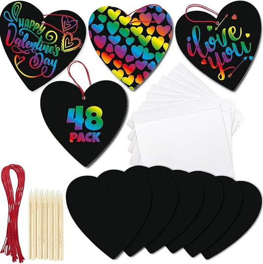 ArtCreativity 48 Pack Scratch Off Valentine Cards for Kids Classroom, Set of 48 Valentine Kids Cards Ink-Free Scratch Off Hearts with Scratch Sticks, Red String, and Envelopes, Valentines Kids Crafts